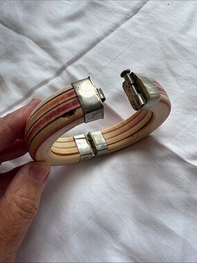 Pink hand painted Bone Cuff Bracelet with Silver Accents